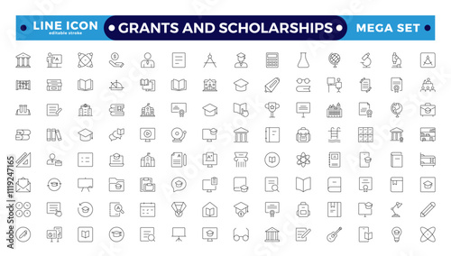 Grants and Scholarships outline icon set. Containing education, research, academic, degree, discipline, bachelor, anpost-graduate icon. Scholarship financial aid, grant. Editable stroke outline icon.
