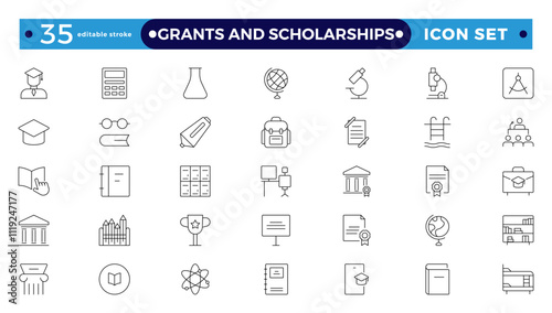 Grants and Scholarships outline icon set. Containing education, research, academic, degree, discipline, bachelor, anpost-graduate icon. Scholarship financial aid, grant. Editable stroke outline icon.
