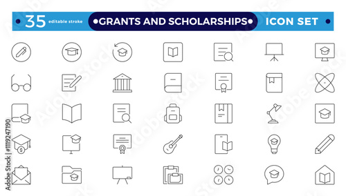 Grants and Scholarships outline icon set. Containing education, research, academic, degree, discipline, bachelor, anpost-graduate icon. Scholarship financial aid, grant. Editable stroke outline icon.
