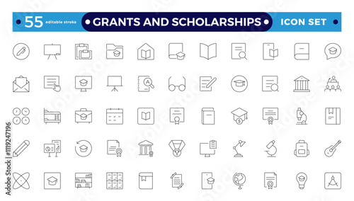 Grants and Scholarships outline icon set. Containing education, research, academic, degree, discipline, bachelor, anpost-graduate icon. Scholarship financial aid, grant. Editable stroke outline icon.
