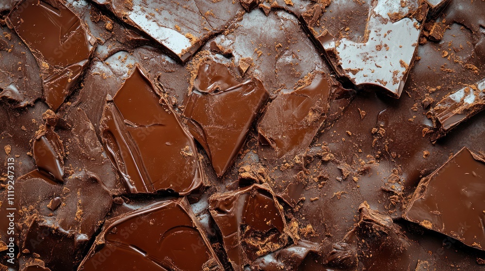 Close-up of broken chocolate pieces arranged on a surface. Close-up of broken chocolate pieces arranged on a surface.