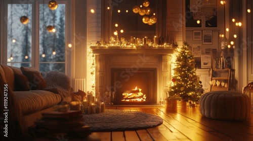 Inviting living room filled with friends gathered around a cozy fireplace, sharing laughter and toasting with champagne beneath twinkling fairy lights. photo