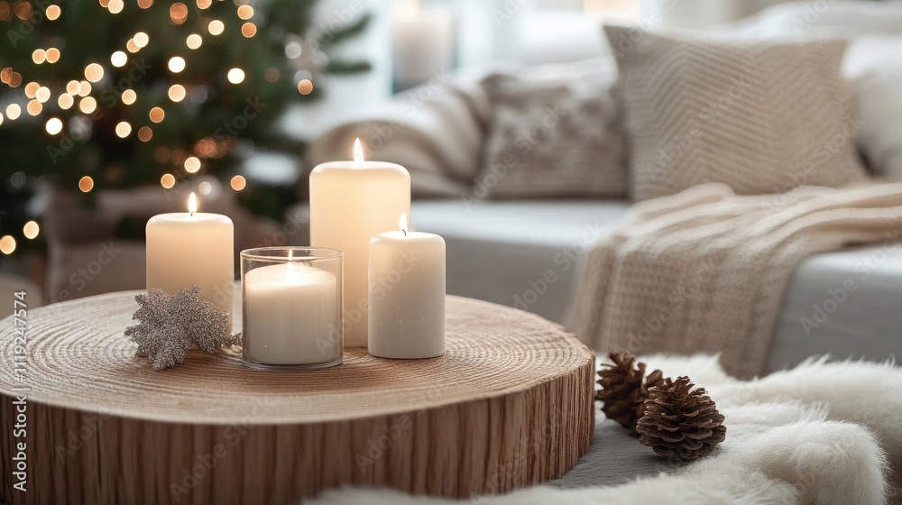 Minimalist Christmas decor enhances the Scandi-inspired bedroom interior. The Christmas elements, including candles on the coffee table, create a cozy home atmosphere with ample copy space. Minimalist Christmas decor enhances the Scandi-inspired bedroom interior. The Christmas elements, including candles on the coffee table, create a cozy home atmosphere with ample copy space.