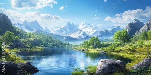 A picturesque valley surrounded by mountains features calm waters under a clear blue sky, creating a serene and peaceful natural landscape that invites relaxation.