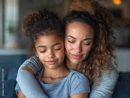 Photo of mother comforting her daughter who is sitting on the couch with tears in their eyes, they have been through hard times together and now she has taken care to comfort each other.