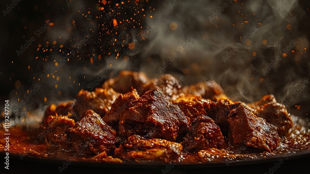 Close-up image of delicious grilled meat bhuna, highlighting the rich textures and flavors, perfect for food photography with ample copy space for captions or descriptions. Close-up image of delicious grilled meat bhuna, highlighting the rich textures and flavors, perfect for food photography with ample copy space for captions or descriptions.