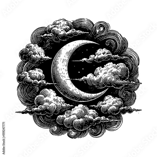 crescent moon surrounded by clouds engraving black and white outline