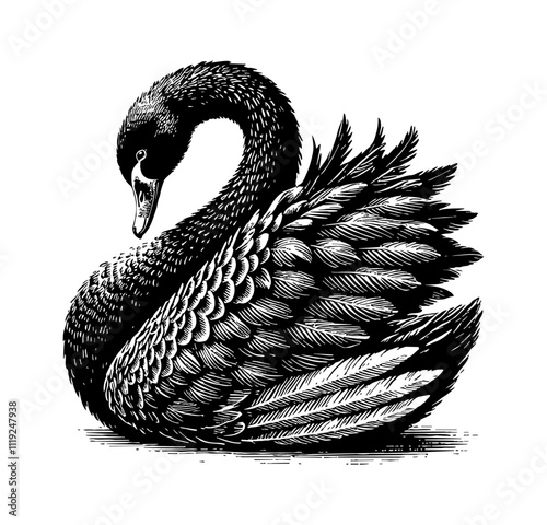 black swan engraving black and white outline