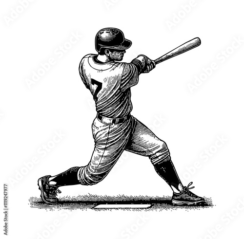 baseball player in a single, isolated batting pose engraving black and white outline