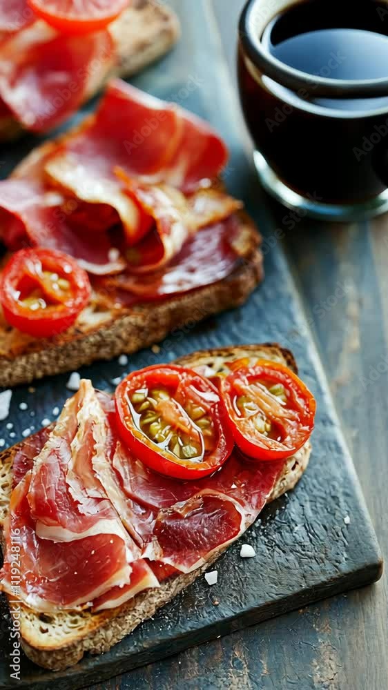 Savory slices of cured meat and tomatoes on rustic bread paired with a dark beverage Savory slices of cured meat and tomatoes on rustic bread paired with a dark beverage