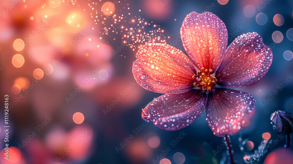 a pixie sprinkling fairy dust on a blooming flower,dreamy pastel soft colors,blurred background