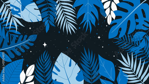 Palm leaves in blue color background landscape