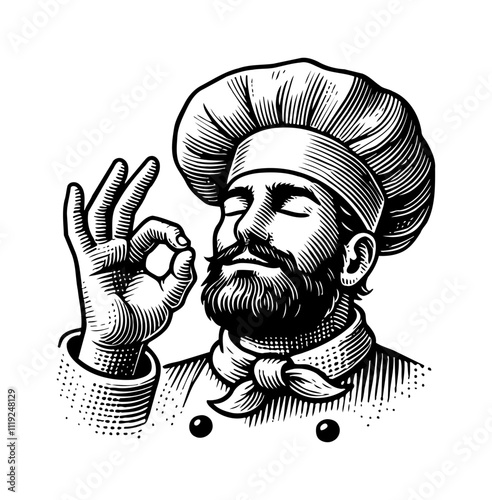 chef tasty hand gesture engraving black and white outline