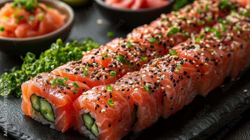 Family-Style Sushi Set with Colorful Rolls, Nigiri, and Maki on a Rustic Bamboo Board for Cozy Group Dining Family-Style Sushi Set with Colorful Rolls, Nigiri, and Maki on a Rustic Bamboo Board for Cozy Group Dining