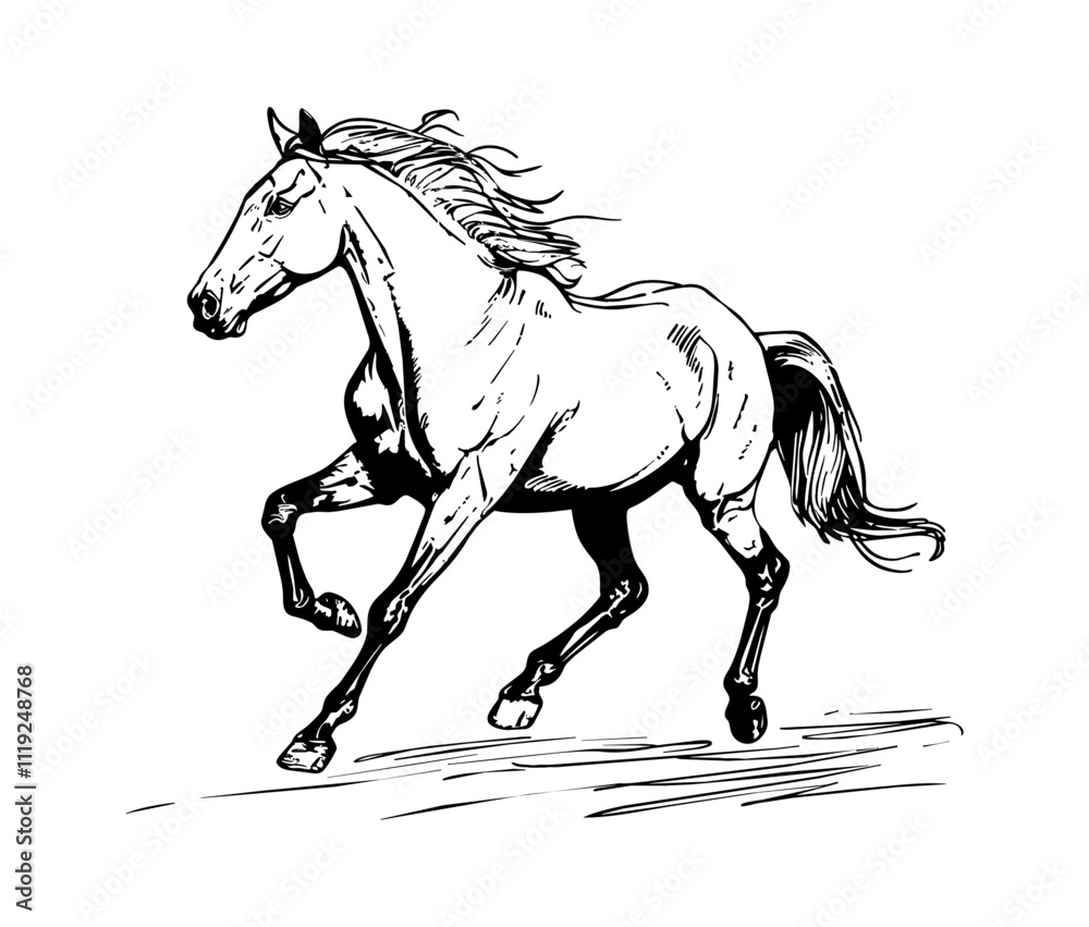 horse run engraving black and white outline