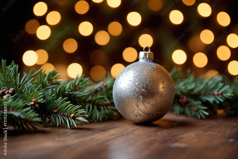 there is a silver ornament on a table with a christmas tree in the background there is a silver ornament on a table with a christmas tree in the background