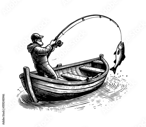 fisherman in a small wooden rowboat, fishing in the water engraving black and white outline