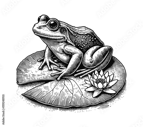 frog sitting leaf engraving black and white outline