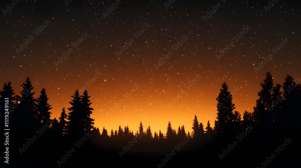 Silhouetted Pine Trees Against a Starry Orange Sky Silhouetted Pine Trees Against a Starry Orange Sky