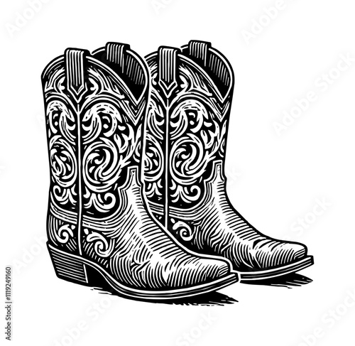 pair of cowboy boots in a woodcut engraving or linocut style engraving black and white outline