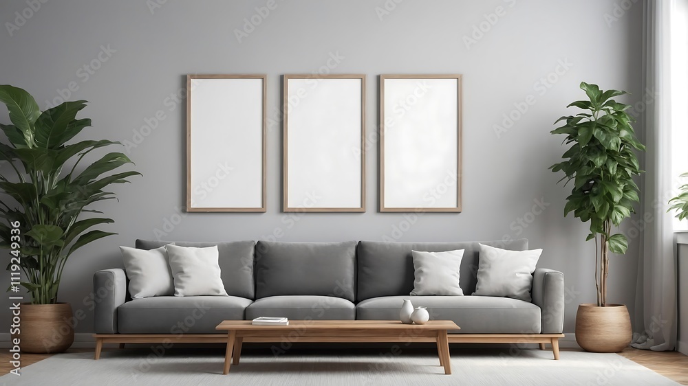 Fototapeta premium Comfortable sofas and multiple pictures frame on wall in living room