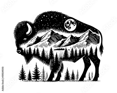 silhouette of a bison, incorporating a double-exposure effect with night, forest, mountain, moon, star, landscapes inside engraving black and white outline