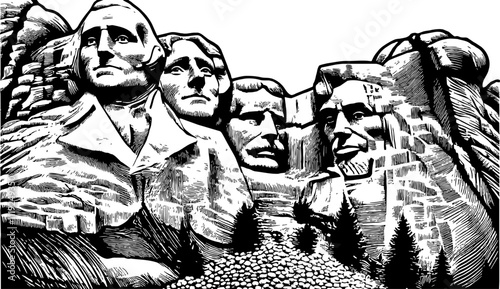 monumental scene Mount Rushmore. engraving black and white outline