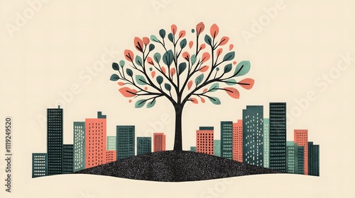 Illustration of a Tree Growing in the Center of a Modern Cityscape