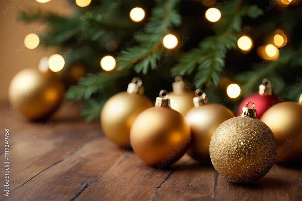 there are many christmas ornaments on a table with a christmas tree in the background there are many christmas ornaments on a table with a christmas tree in the background