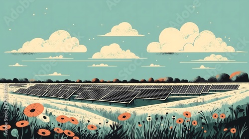 Colorful Landscape Featuring Solar Panels and Poppy Flowers Under Blue Sky