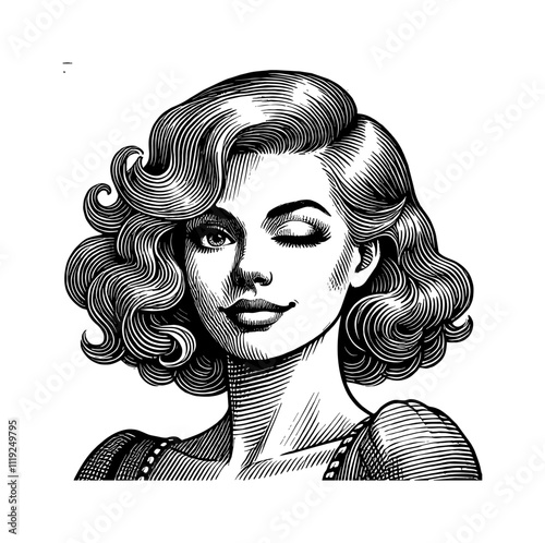 woman retro wink engraving black and white outline