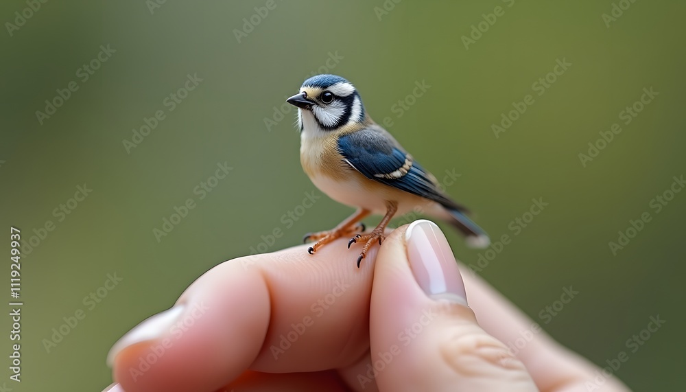 Obraz premium A Tiny Blue Bird Perched Gently on a Fingertip