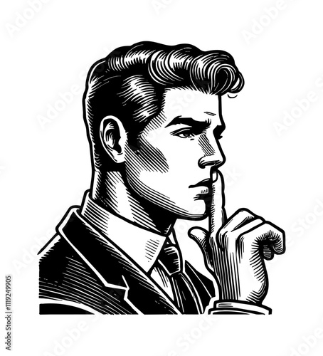 man wear suit and do silence hand gesture engraving black and white outline