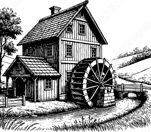 traditional watermill in a rural landscape, with a river flowing beneath the house. engraving black and white outline