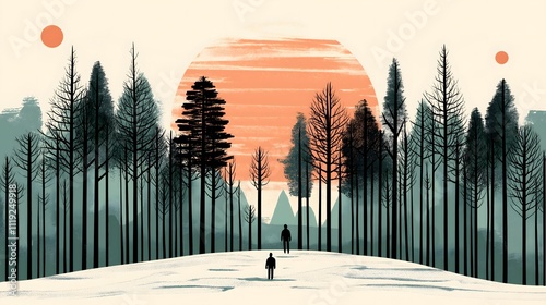 Illustration of Sunset in Winter Forest With Silhouetted Figures and Trees