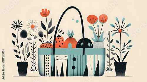 Colorful Illustration of a Basket Surrounded by Vibrant Flowers and Foliage