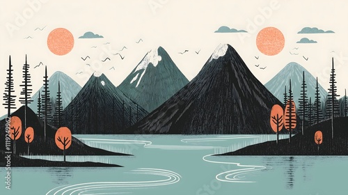 Minimalist Landscape Illustration of Mountains and Lake with Trees
