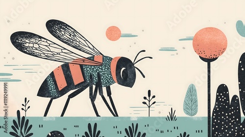 Colorful Illustration of a Bee in a Surreal Nature Background