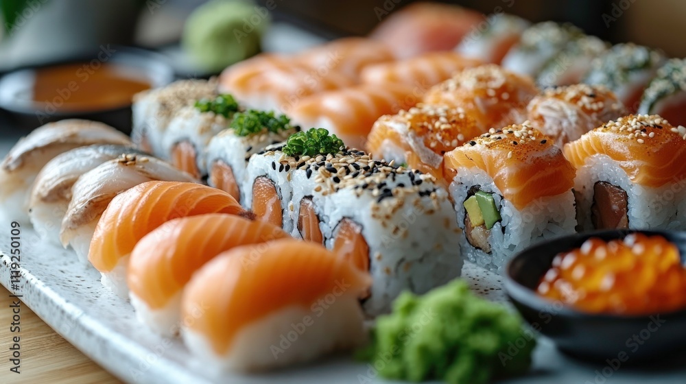 Family-Style Sushi Set with Colorful Rolls, Nigiri, and Maki on a Rustic Bamboo Board for Cozy Group Dining Family-Style Sushi Set with Colorful Rolls, Nigiri, and Maki on a Rustic Bamboo Board for Cozy Group Dining