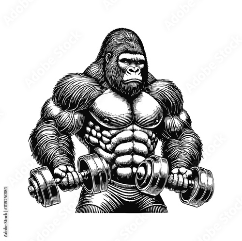 gorilla gym engraving black and white outline