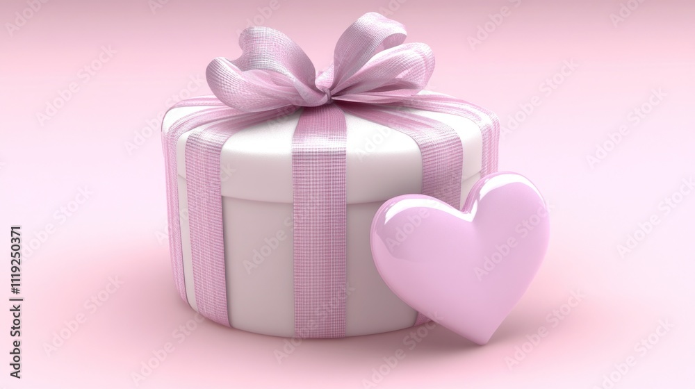 Obraz premium A pink gift box with a bow and a heart-shaped decoration, symbolizing love and celebration.