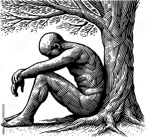 person seated alone, in a contemplative sad pose, side view, engraving black and white outline