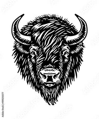 bison head engraving black and white outline