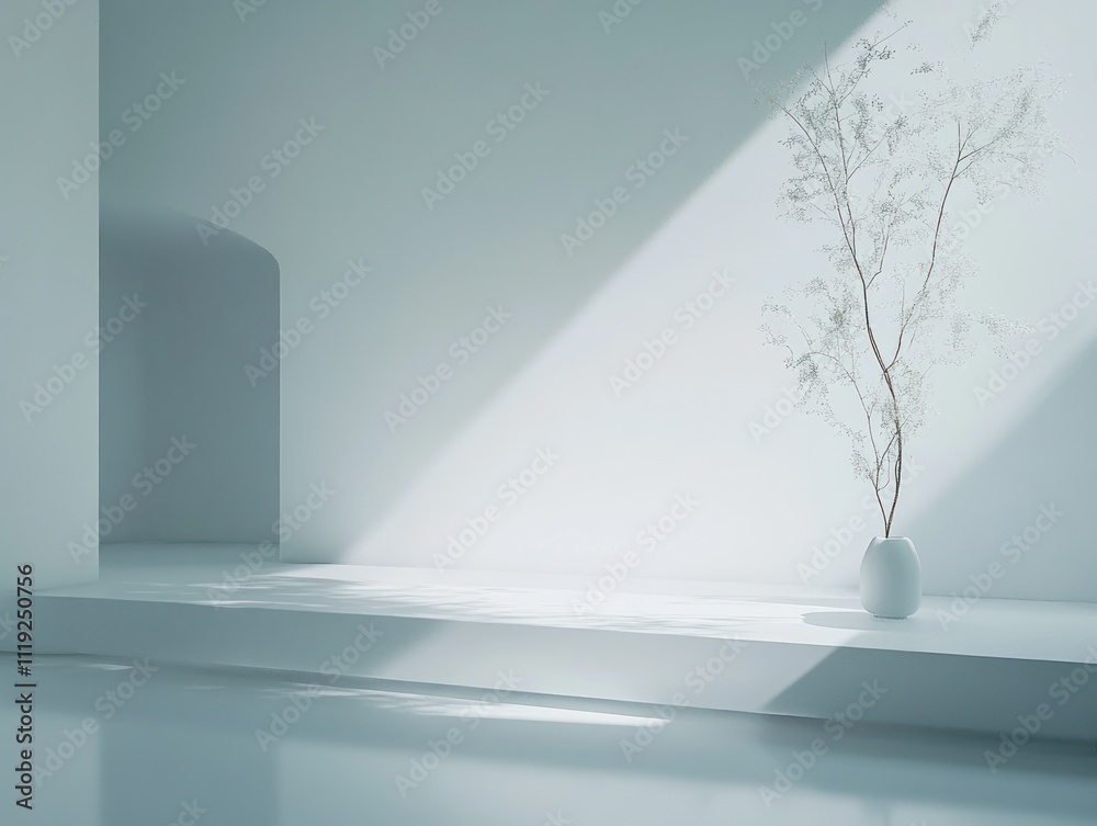 A minimalist interior scene featuring a vase with a branch in soft light. A minimalist interior scene featuring a vase with a branch in soft light.