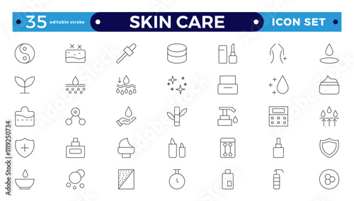 Skin care Outline icons set. Moisture cream, acid, anti wrinkle serum, ceramide, collagen, retinol compound, sunscreen, such as aloevera, oil, nature, sun protect, dry. Editable stroke outline icon.
