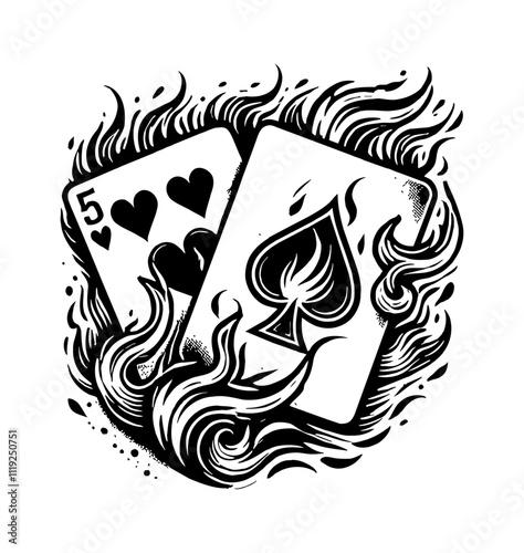 pair of playing cards, a 5 of hearts and an ace