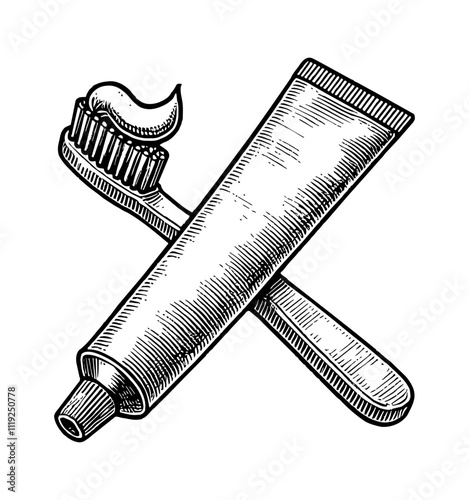 brush and tooth paste engraving black and white outline