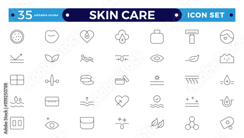 Skin care Outline icons set. Moisture cream, acid, anti wrinkle serum, ceramide, collagen, retinol compound, sunscreen, such as aloevera, oil, nature, sun protect, dry. Editable stroke outline icon.
