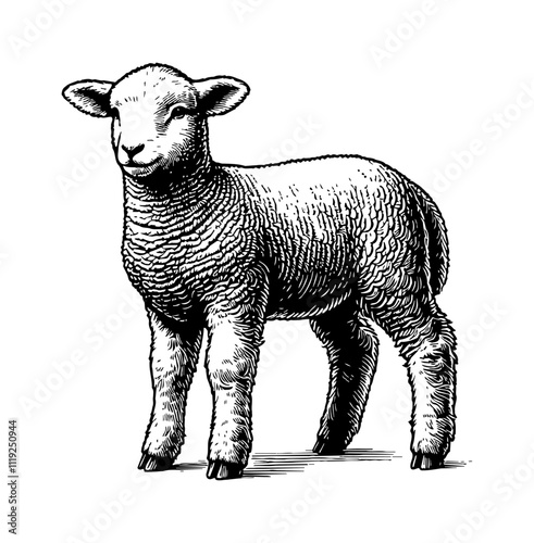 little lamb engraving black and white outline