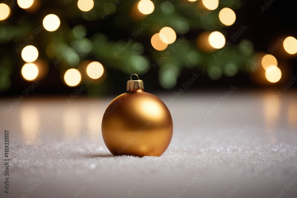 there is a gold christmas ornament on the ground with lights in the background